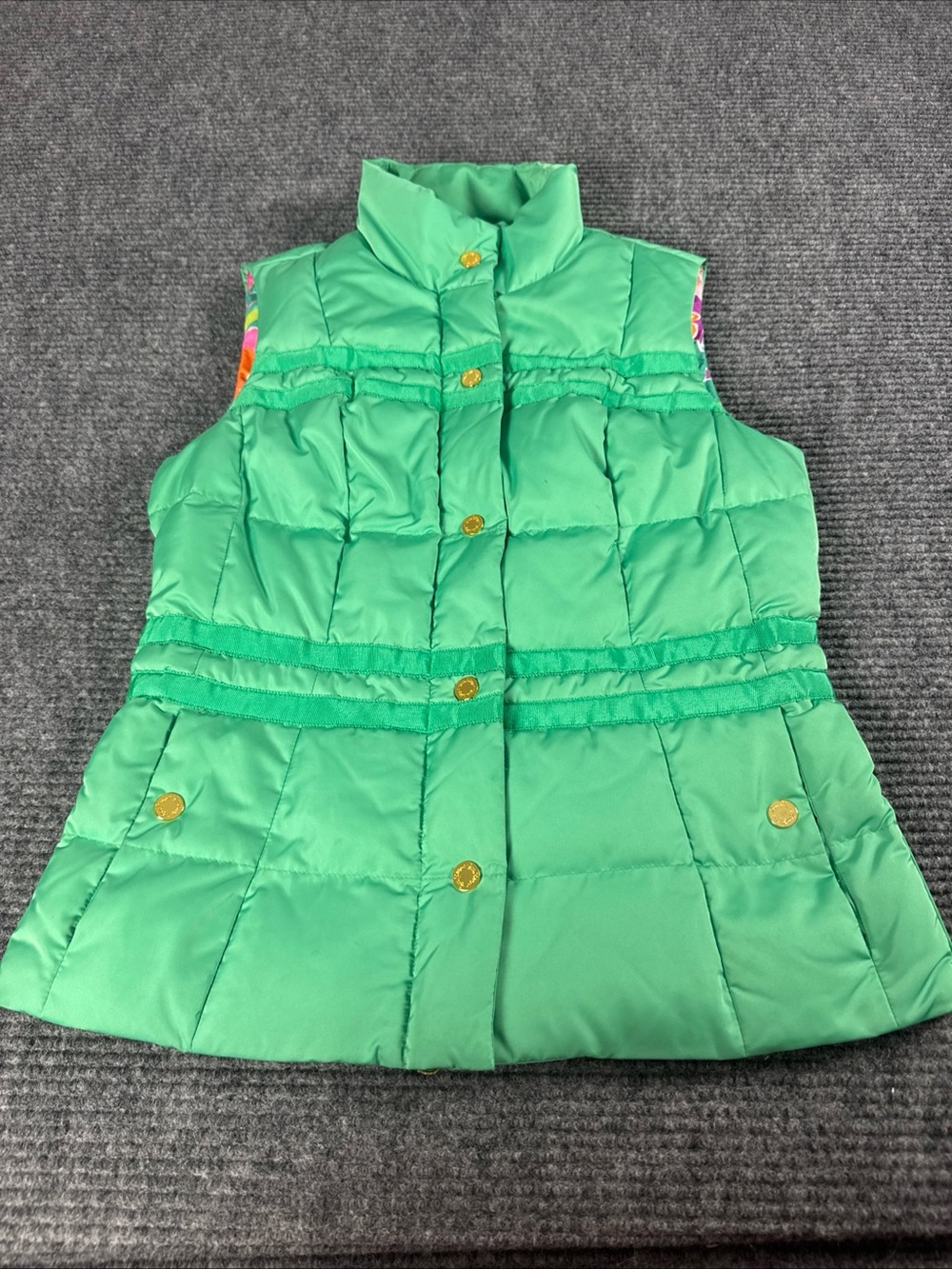 Lilly Pulitzer Kate Green Sleeveless Zip Snap Up Puffer Vest S Preppy Gorpcore